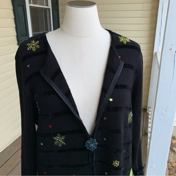 Quacker Factory Beaded Snowman Cardigan Sweater 1X Black Full Zip Snow Winter - Picture 4 of 10
